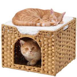 SETVSON Cat Beds Indoor Kitten House, Handwoven Rattan Cat Cave Pet Cube, Large Cat Houses, One Bed Mat, Foldable, Hideaway, 16.5x16.5x13.2 Inches, 2 S-Shaped Hooks in Living Room Bedroom Natural