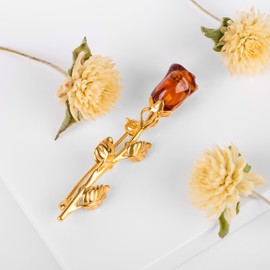 HENRYKA Rose Brooch in 925 Solid Sterling Silver, 24ct Gold Plate & Genuine Baltic Amber | Flower Pin Jewellery for Women | Gift for Mother, Sister & Grandmother