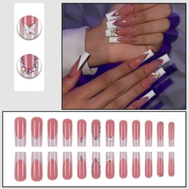 Gifiky 24Pcs French Tip Press on Nails - Long Coffin False Nails with Acrylic 3D Butterfly Crystal Gem Design, Nude Cute Fake Nails for Women,Reusable Glue on Nails Full Cover Tips