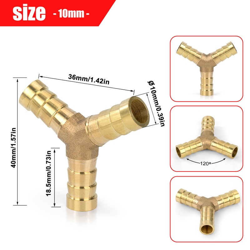Pack of 6 10 mm Brass Hose Nozzle, 3-Way Straight