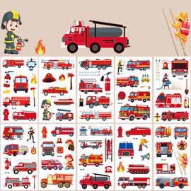 Fire Brigade Tattoos for Children, 10 Sheets Children's Tattoos, Skin-Friendly, Fireman Tattoo, Children, Boys, Cartoon Fire Engine Stickers, Party Bags, Children's Birthday Gifts, Party Decoration