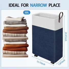 HomeHacks Laundry Basket with Wheels, Rolling Laundry Hamper, Collapsible & Waterproof Clothes Hamper, Narrow Corner Clothes Bins with Extended Handles for Clothes in the Family & Dorm (50L, Blue)