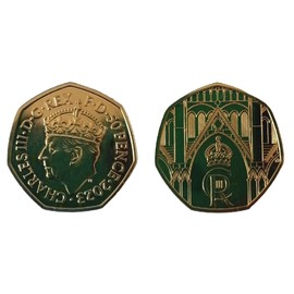 24ct Gold Plated 2023 King Charles Ill Coronation 50P Coin BRILLIANT UNCIRCULATED with Airtile Coin Holder