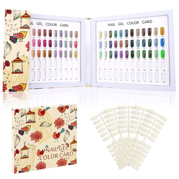 Segbeauty Nail Tips Display Book, 120 Colour Nail Gel Card to Imagine, Presentation for Nail Polish, Nail Colour Display with Nail Tips, Nail Design Tools, Flowers Bird Pattern, Yellow