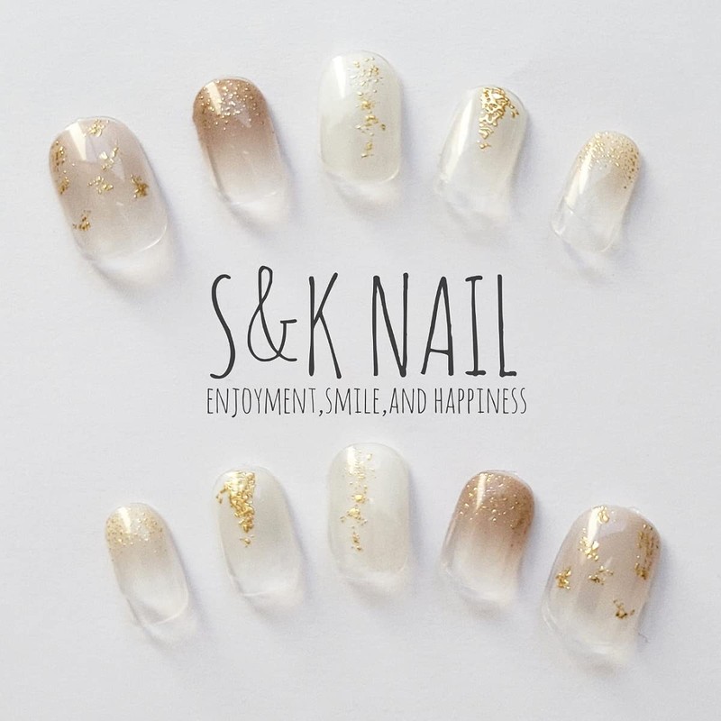 S&K NAIL White Nuance & Gold Nail Seal, Short, Made