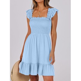 IFFEI Mommy and Me Matching Dresses Womens Smocked Ruffle Sleeve Mini Dress Vacation Beach Family Matching Outfits Sky Blue 3-6M