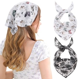 AWAYTR 2Pcs Floral Hair Bandanas Tie-back Head Kerchief for Women Flower Mesh Hair Scarves Lightweight Triangular Head Scarf (Butterfly)