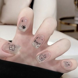 Ins White-Toned Kids' Cute Line Dog Blurring Ice Transparent Gradient Cat Eye False Nails Short M size 10 pieces (with kit)/Jha286-Shy Dog 20ea