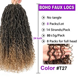 24 inch Goddess Locs Crochet Hair 8 Packs Boho Faux Locs Crochet Braids for Black Women Soft Locs Crochet Hair Pre Looped 1B/27