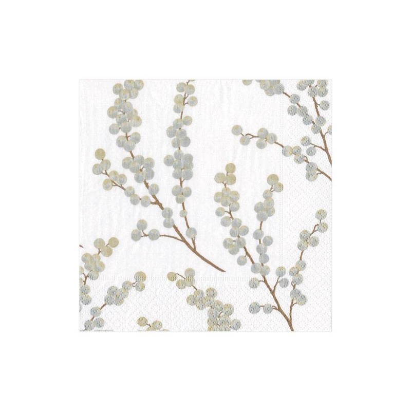 Caspari Berry Branches Paper Cocktail Napkins in White & Silver