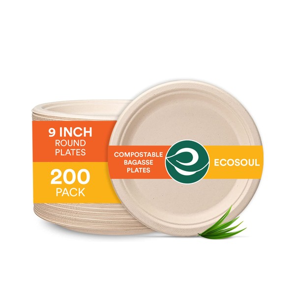 ECO SOUL 100% Compostable 9 Inch Paper Plates [200-Pack] Disposable Party Plates I Heavy Duty Eco-Friendly Dinner Plates Disposable I Biodegradable Unbleached Sugarcane Eco Plates