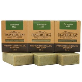 Traverse Bay Bath and Body, Eucalyptus and Peppermint, all natural handmade cold process soap, essential oil soap. 3 bar pack 15 + oz. Made in USA