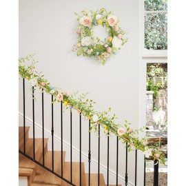 6Ft Easter Peonies Garland, Artificial Easter Egg Garland with White Flowers Peonies Stamens for Indoor Outdoor Home Fireplace Decoration