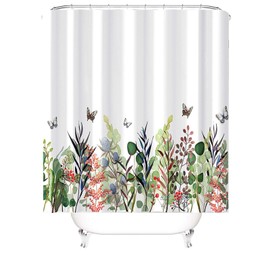M&W DAS DESIGN Shower Curtain Colourful Flowers Butterflies Bathroom Textile Curtain Anti-Mould Effect Plants Washable Shower Curtain Bath Leaves Including 12 C-Rings Weight Bottom 200 x 220 cm (W x