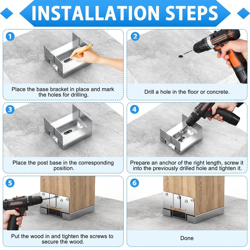 6 pcs 6x6 Galvanized Post Base for Concrete, Post Deck