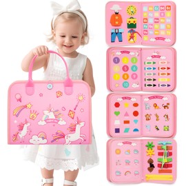 iFunLong Busy Board for Toddlers,Montessori Toy for 2-6 Year Old Toddlers - Preschool Educational Sensory Fine Motor Skills Quiet Toy, Toddler Activity Board for Girls Birthday Gifts – Unicorn Pink