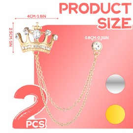 2PCS Suit Hanging Chain Men's Crown Retro Crystal Pins Collar Pin Brooch with Stone Detailing Suit Stud Lapel Rhinestone Pin Engraving, Metal Crystal for Breastpin Wedding Brooch