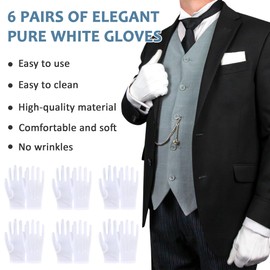NiCola 6 Pairs White Cotton Gloves, Stitched White Gloves, Sewn White Gloves for Men Women, Soft Gloves for Handling Wedding Dresses, Jewellery Inspections, Daily Work
