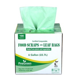 ProGreen Compostable Trash Bags, Extra Thick, Compost Kitchen Bin Bags, Food Scraps Yard Waste Bags, ASTM D6400 BPI and TÜV AUSTRIA Certified (6 Gallon, Pack of 100)