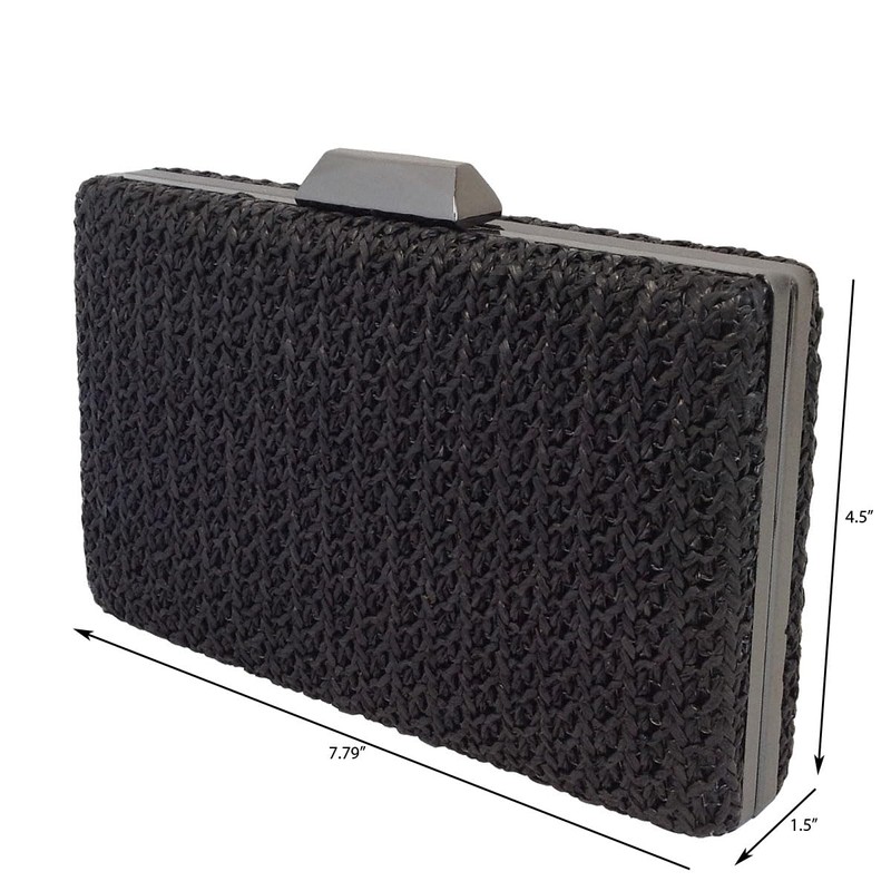 Natural Straw Box Clutch, Black