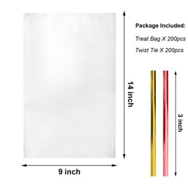Morepack Cello Cellophane Treat Bags,200 PCS Clear Pastic Gift Bags with Twist Ties,Party Favor Bags (9"x14")