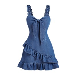 WDIRARA Women's Tie Front Ruffle Denim Cami Dress Frill Trim Sleeveless Short Dress Medium Wash Large