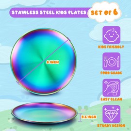 TeamFar Kids Plates, 6 PCS Stainless Steel Baby Dinner Plates Set, 8 Inch Toddler Metal Dishes, Unbreakable Dishes for Camping Serving Party, Non Toxic, Matte Finished & Dishwasher Safe, Colorful