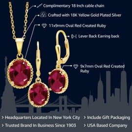 Gem Stone King 18K Yellow Gold Plated Silver Oval Red Created Ruby Pendant and Earrings Jewelry Set For Women (8.00 Cttw, with 18 Inch Chain)