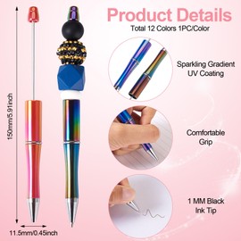 Spritewelry 12Pcs Holographic Beadable Pens Iridescent Ball-Point Pens Multicolor DIY Plastic Beaded Pens Colorful UV Shaft Black Ink Ballpoint Pens for Office School Decorations Supplies