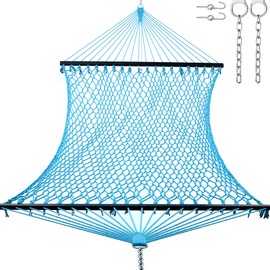 Gafete 12ft Double Hammocks, Handwoven Traditional Cotton Rope Hammock with Hardwood Spreader Bar, Chains and Hooks for Indoor Outdoor, Max 450 lbs Capacity (Aqua, Full)