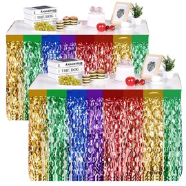 2 Packs 9 Ft x 2.4 Ft Foil Fringe Table Skirt Garland Tinsel Backdrop Banner for Baby Shower Banquet Parade Floats Trailer Mardi Gras Birthday Christmas Wedding Party New Years Eve Decor Colorful