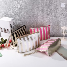 Striped Makeup Bag Large Capacity Cosmetic Pouch Travel Toiletry Bag Portable Skincare Organizer Pouch Make up Storage Bag with Zipper Gold and Black