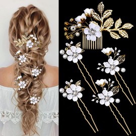 5 Pieces Bridal Flower Wedding Hair Pins Crystal Pearl Hair Pins Clips Headpiece Gold Wedding Hair Accessories Jewelry with Rhinestone for Brides Bridesmaids Women Girls Updo(Pure White Flower)