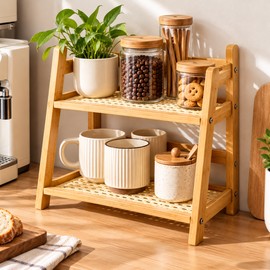2-Tier Bamboo Countertop Organizer for Kitchen and Bathroom Storage – Retro Desktop Shelf for Home, Apartment and Vanity Organization