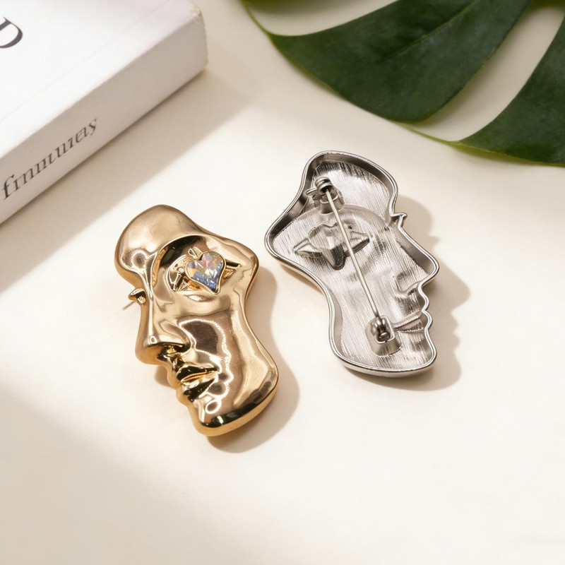 2Pcs Abstract Face Brooch Pin with Heart Crystal Eyes, Gold