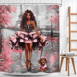 Mitpok African American Shower Curtain 60Wx72H Black Girl Afro Woman Fashion Paris Eiffel Tower Pink Cherry Blossoms Floral Bathroom Decor Modern Cute Dog Bath Curtain Fabric Polyester 12 Pack Hooks