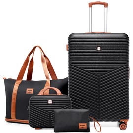 Hoteel 4 Piece Luggage Set Carry on Hard Shell Suitcase with Spinner Wheels & TSA Lock, Expandable Duffel Bag PC Travel Luggage(Black, 4piece set)