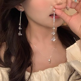 Butterfly Drop Earrings for Women Trendy Dainty CZ Long Drop Dangle Tassel Silver Earring Lightweight for Wedding Jewelry Gifts