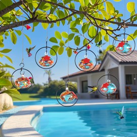 Headak Life Flexible 6-Circular Hummingbird feeders for Outdoors Hanging Ant and Bee Proof,Hand Blown Glass Hummingbird Feeder with 6 Adjustable Silicone Perch(Blue)