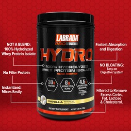 LABRADA Hydro 100% Pure Hydrolyzed Whey Protein Isolate Powder, Lactose Free, 6g BCAA’s, 4.5g Glutamine, Fastest Digesting Whey Available, Instant Mixing, Delicious Taste 20 Servings (Vanilla)