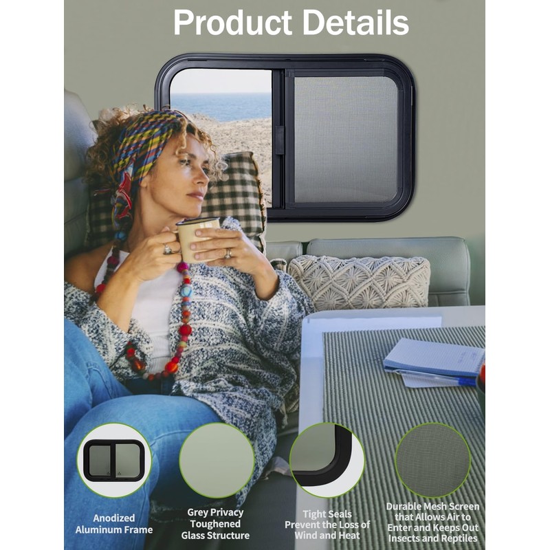 24"x20" RV Sliding Window - Horizontal Teardrop Style, DOT-Certified Tempered