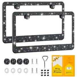 FIISFIIS Bling License Plate Frame for Women,2 Pack Premium Stainless Steel Rhinestone License Plate Holder,Handmade Glitter Crystal Diamond Girl Lincense Plate Tag Cover,Bedazzled Sparkly-Black