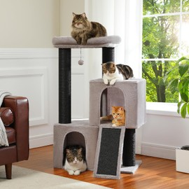 MUTTROS Heavy Duty Cat Tree for Indoor Cats Adult, 45-Inch Cat Tower with Sisal Scratching Ramp, 2 Cat Condo for Extra Large Cats, Big Top Perch, 3 Thick Black Scratching Posts (φ4.3) -Gray