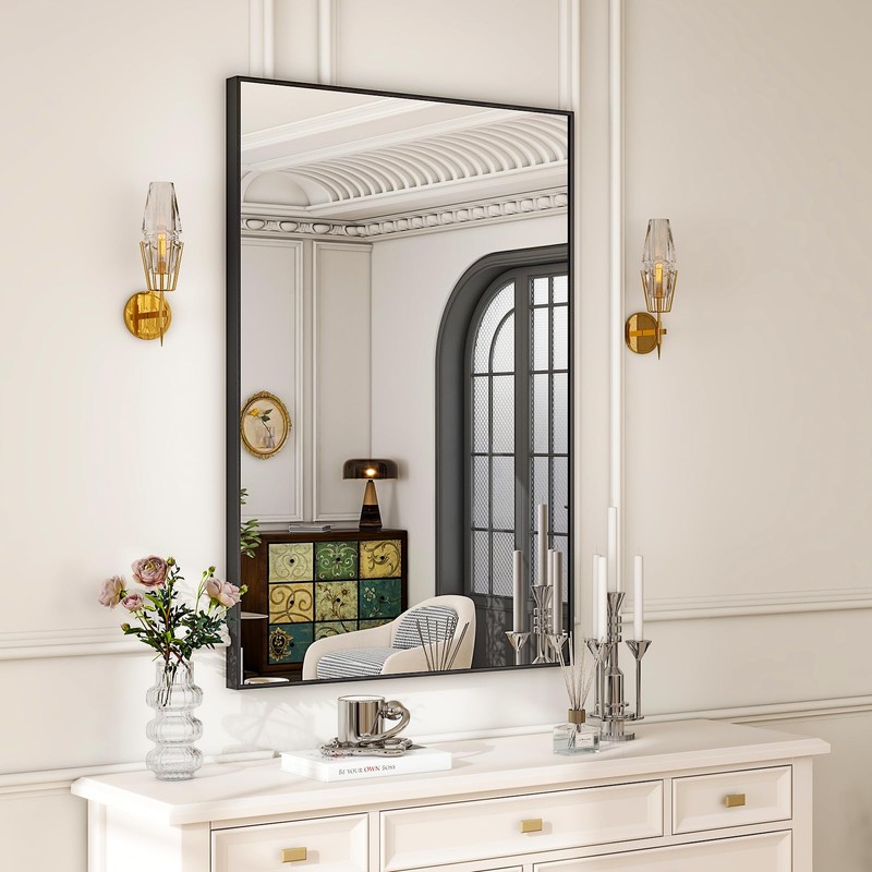 HARRITPURE 20"x28" Rectangular Bathroom Mirror Black Wall Mirror Aluminium Alloy