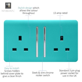 Trendi 2 Gang Raised Artistic Modern Glossy Screwless 13 Amp Single Pole with Chrome Switched UK Standard Electrical Double Wall Plug Socket in Bright Teal - ART-SKT213LBT