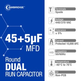 45+5uF 45/5 MFD ±5% 370/440VAC Dual Run Round AC Capacitor for A/C Motor Run, Fan Start, Condenser Run Capacitors, Heat Pump Air Conditioner Capacitor