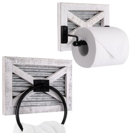 Autumn Alley Farmhouse Toilet Paper Holder and Towel Ring, Wall Mount, 2 Set - Farmhouse Wall Toilet Paper Holder and Bathroom Hand Towel Holder Decor, Wooden, Rustic White