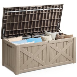 YITAHOME 120 Gallon Large Outdoor Storage Box with X-Shaped Front, Waterproof Resin Deck Box Cushion Storage Bench for Patio, Pool Supplies, Garden Tools- Lockable, Taupe