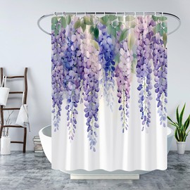 JOFKAXU Purple Wisteria Floral Shower Curtain Watercolor Green Leaves Vine Plant Spring Violet Flower Blossom Modern Simple Bath Curtain with Hooks