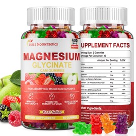 Paquete de 2 gomitas de glicinato de magnesio de 400 mg para mujeres y hombres, suplemento de calcio con malato de magnesio, B6, zinc, vitamina D, CoQ10, sin OMG, sin azúcar, para vegano (varios